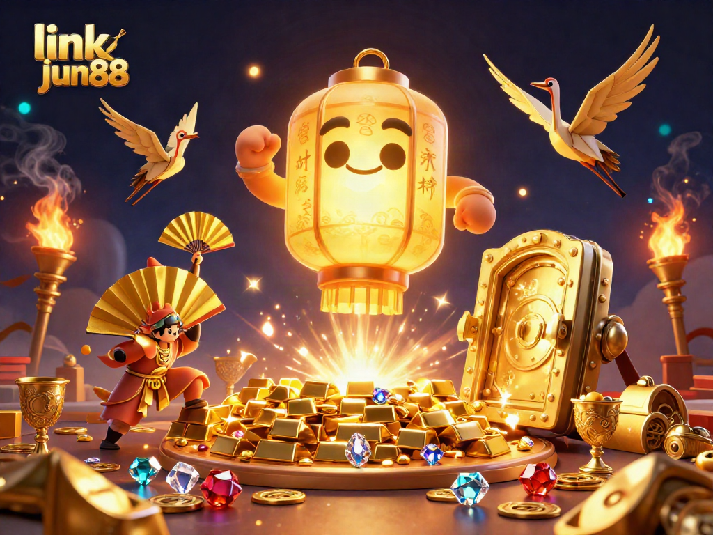 Experience the thrills at link jun88 with an enchanting 3D casino illustration showcasing golden treasures and magical elements.