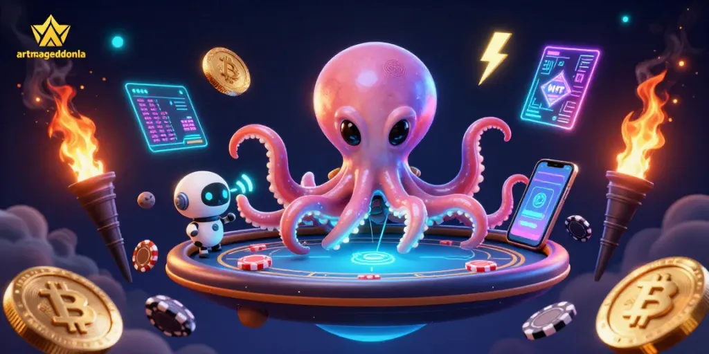Engage in imaginative gambling with artmageddonla's 3D alien octopus poker scene featuring crypto elements.