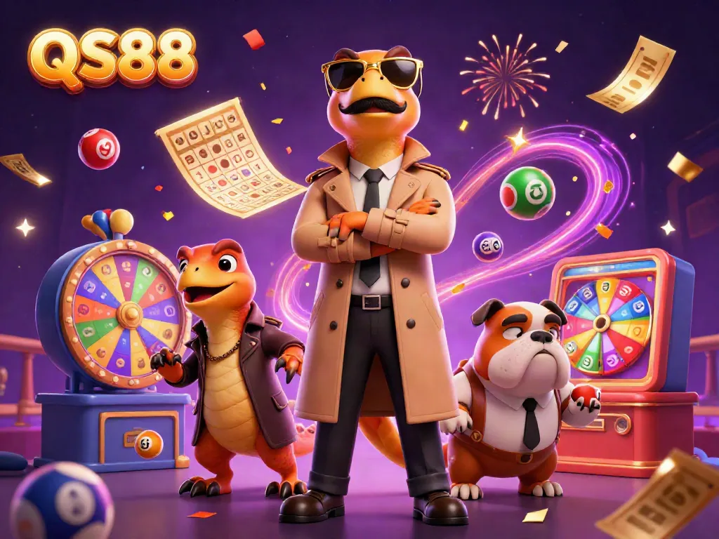 Experience the excitement of QS88 with three raptors in disguise, colorful lottery elements and casino vibes.