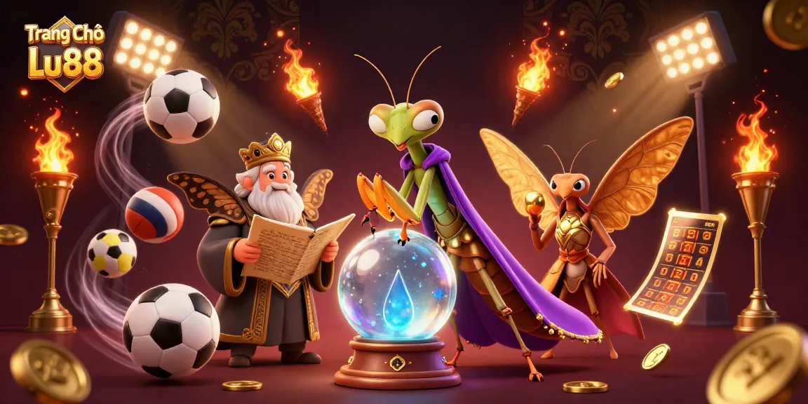 Experience the vibrant world of Trang Chủ Lu88 with a dynamic 3D illustration showcasing fortune tellers and sports elements.