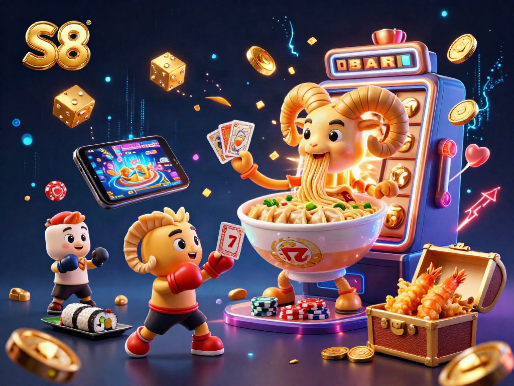 S8 casino illustration with a ramen bowl dealer, gyoza sidekick, and slot machine jackpot explosion.