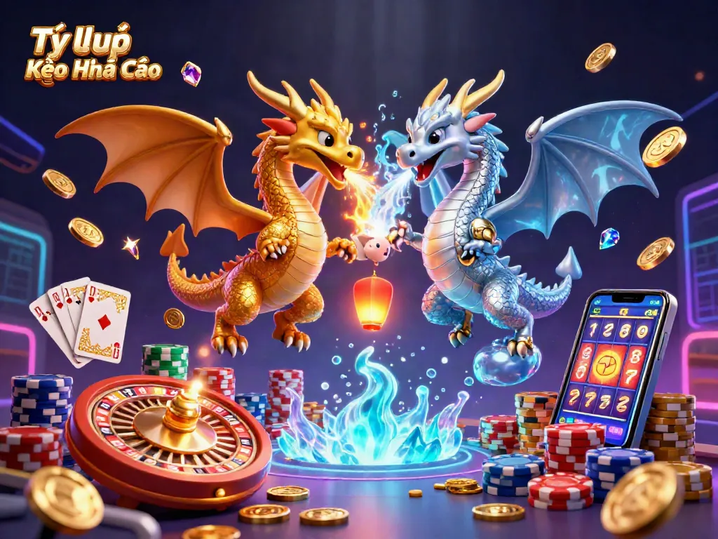 Experience the dynamic scene of Tỷ lệ Kèo Nhà Cái through dragons and casino elements soaring together.