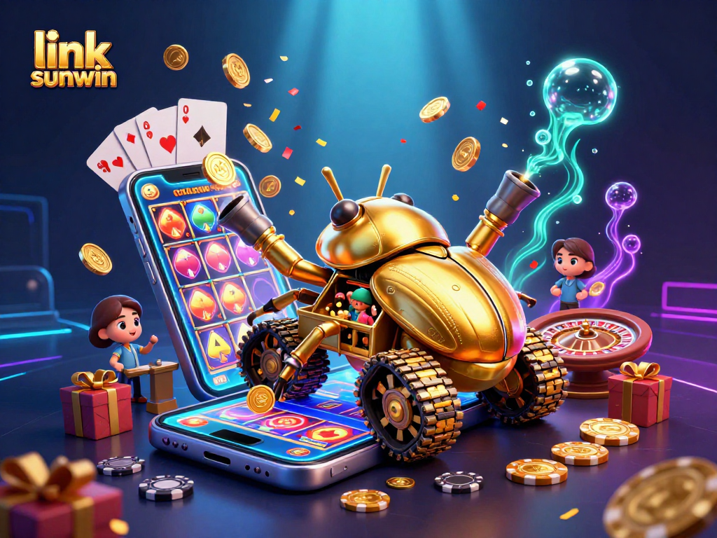 Experience the excitement of link sunwin with a dynamic 3D casino scene featuring captivating games and vibrant colors.