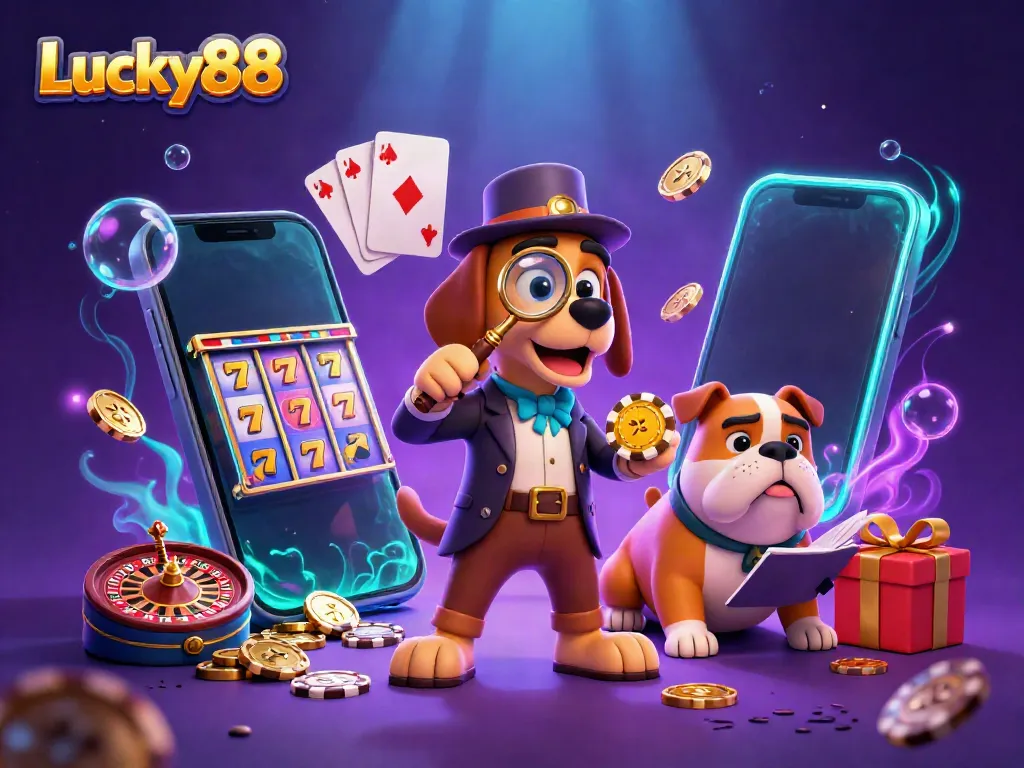 Lucky88 detectives uncovering casino treasures with vibrant game elements scattered around.