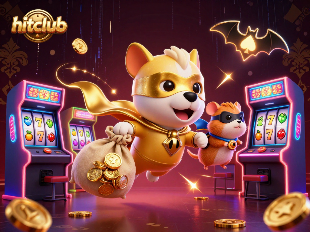 Experience the excitement of hitclub with a superhero dog showcasing vibrant casino elements like slot reels.