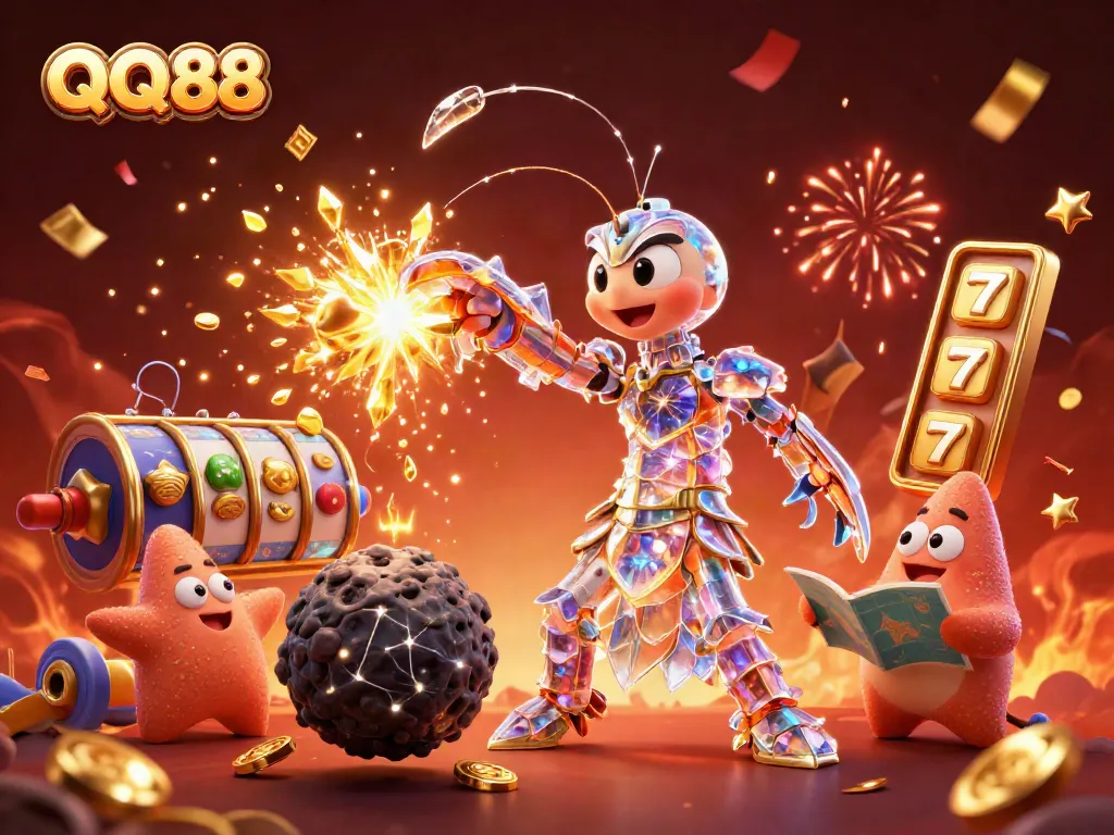 Engage in thrilling gameplay at QQ88, exploring a vibrant 3D casino scene filled with exciting slot elements.