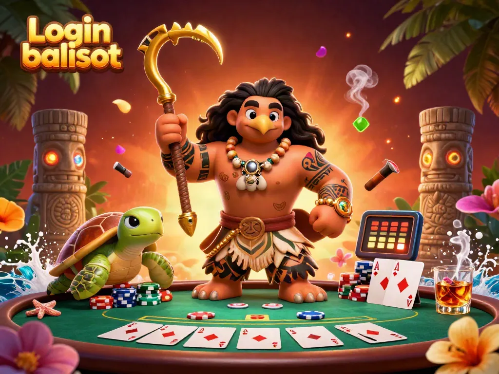Engage with Login balislot at a vibrant poker table, where a Hawaiian demigod features alongside thematic decorations.
