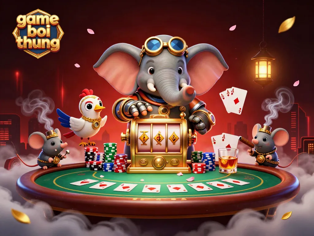 Experience the thrill of game bai doi thuong with steampunk characters operating a colorful slot machine amid dynamic casino elements.