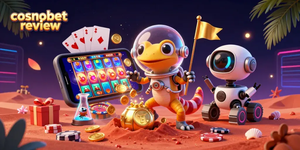 Experience an exciting cosmobet review with a Martian gecko discovering a hidden casino.