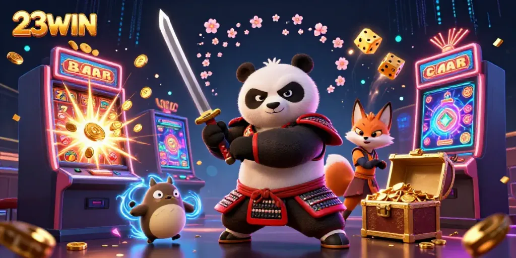 Experience the action at 23WIN with a dynamic casino scene featuring colorful slot machines and playful characters.