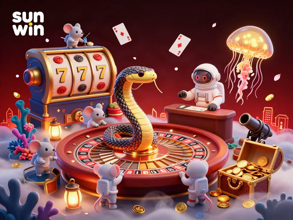 Experience the thrilling universe of sun win gaming with a vibrant 3D casino scene featuring playful astronaut mice betting at a roulette wheel.