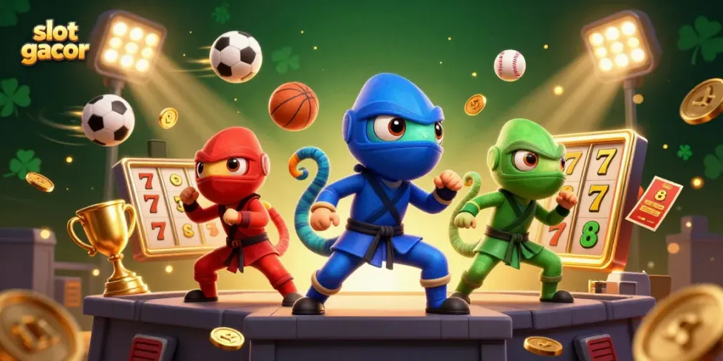 Experience thrilling slot gacor action with colorful chameleons and energetic game elements in this vibrant illustration.