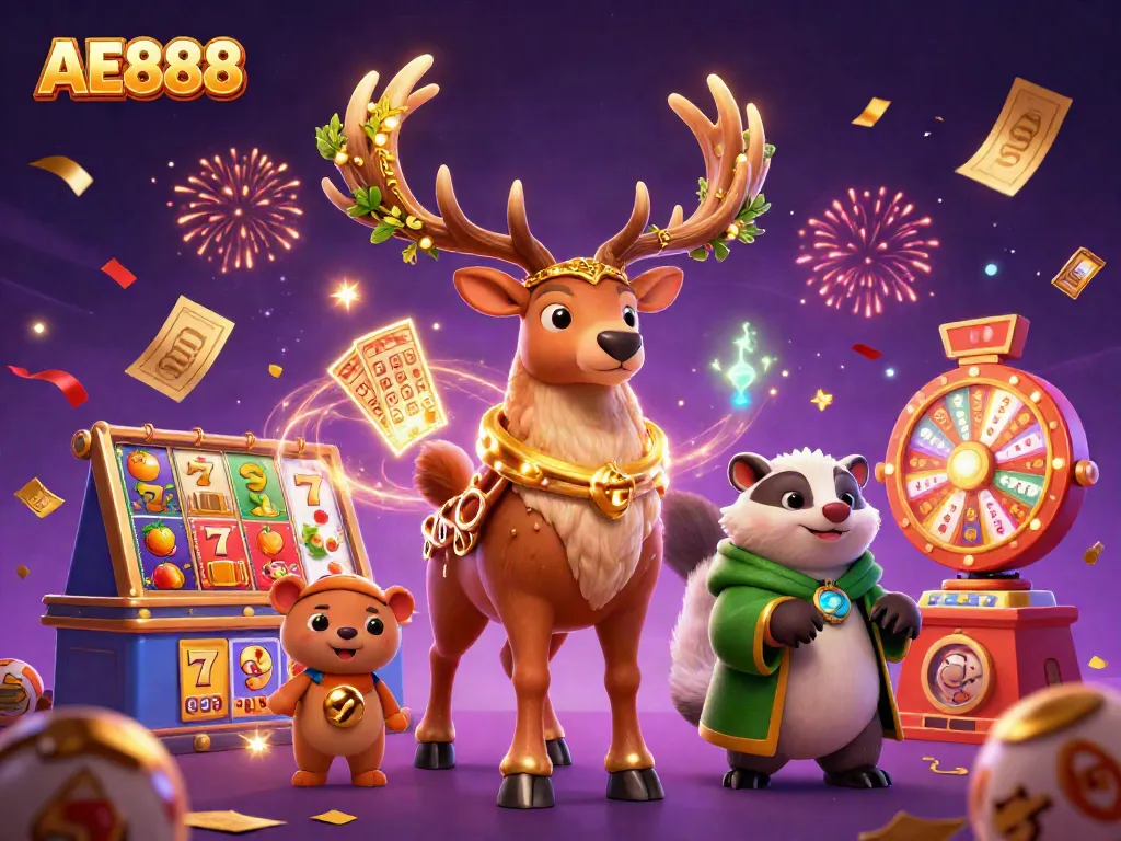 Experience the lively spirit of AE888 with colorful slot reels, dynamic characters, and magical energy.