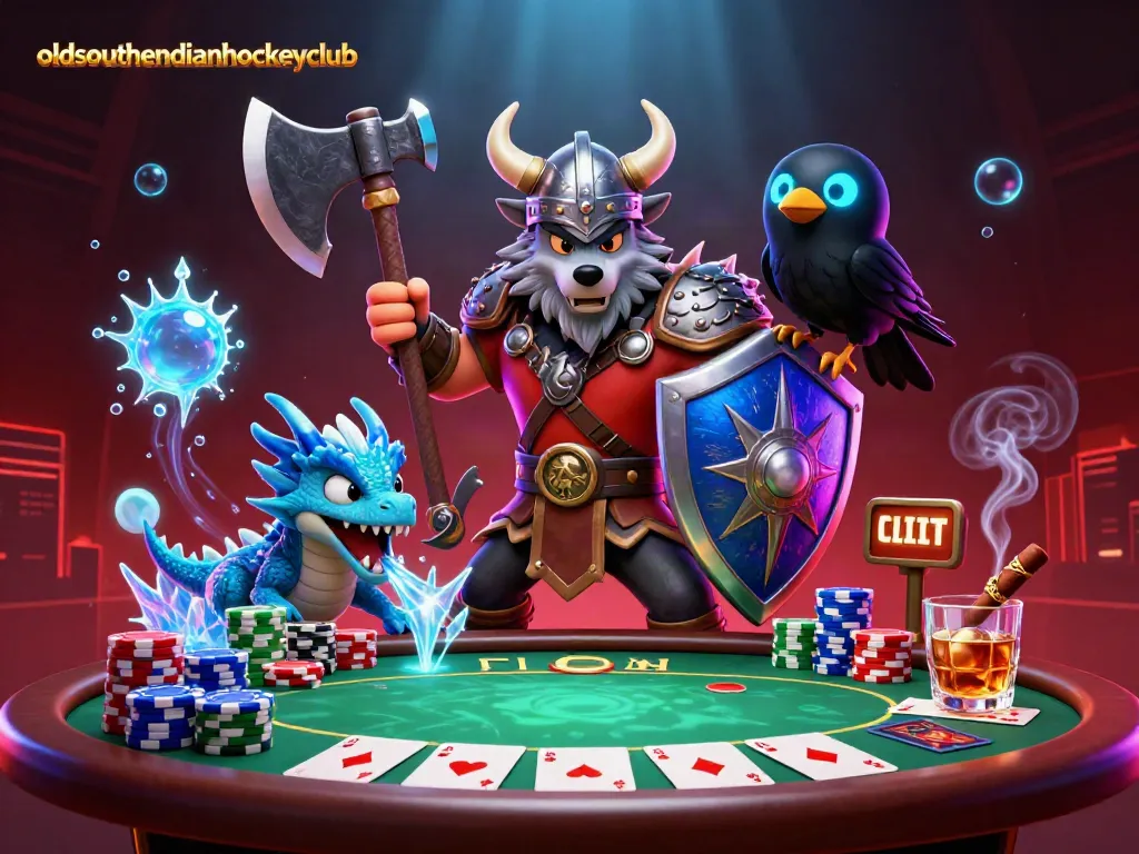 Engaging scene of the oldsouthendianhockeyclub Viking warrior amidst poker action.