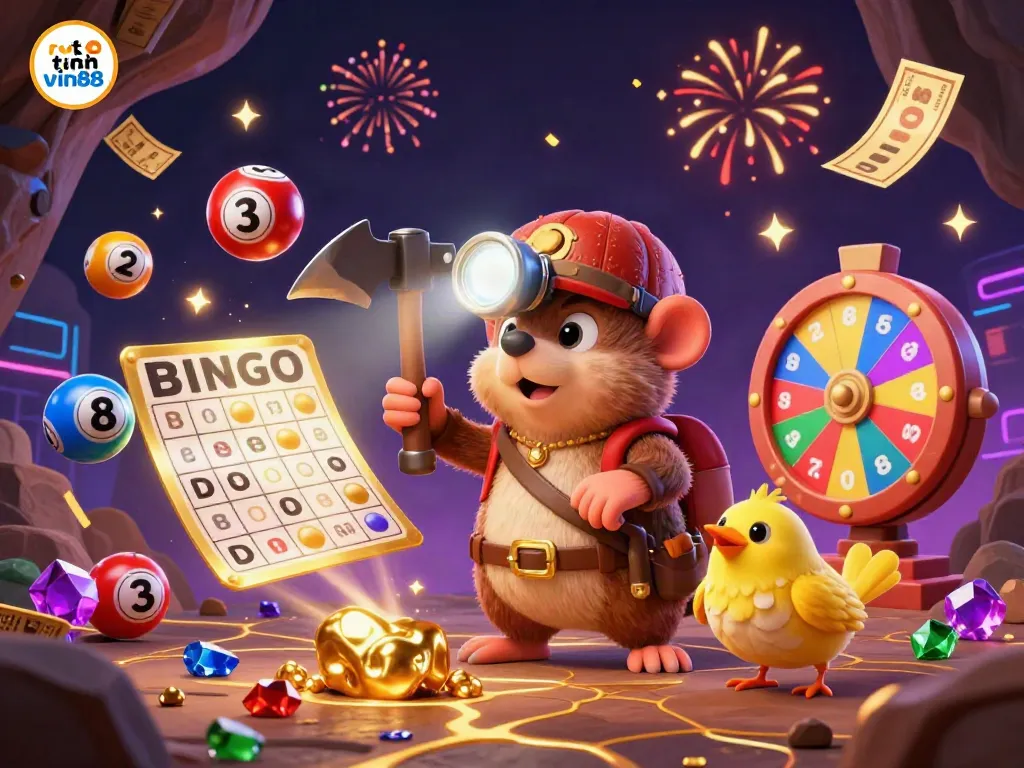 Engage with rút tiền vin88 through vibrant illustrations of casino fun, showcasing a treasure-hunting mole and dynamic lottery balls.