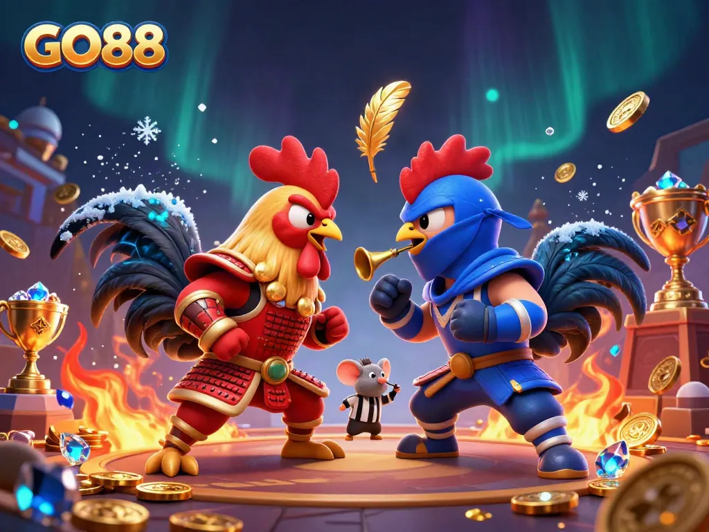 Engage in thrilling cockfighting action at GO88 featuring dynamic cartoon roosters in combat.