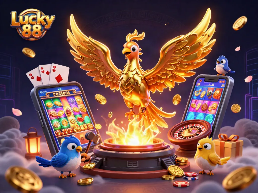 Spin to win with Lucky 88 in a vibrant casino scene featuring a golden phoenix.
