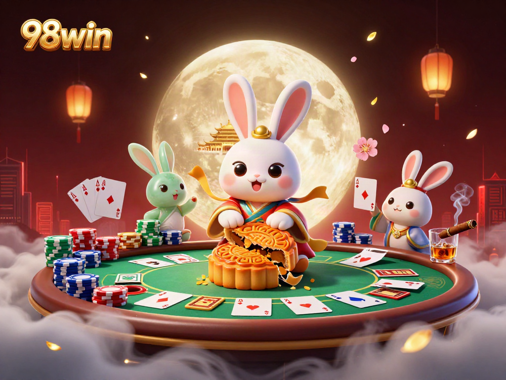 Experience the magic of 98win as the moon rabbit spins golden mooncakes revealing poker chips.