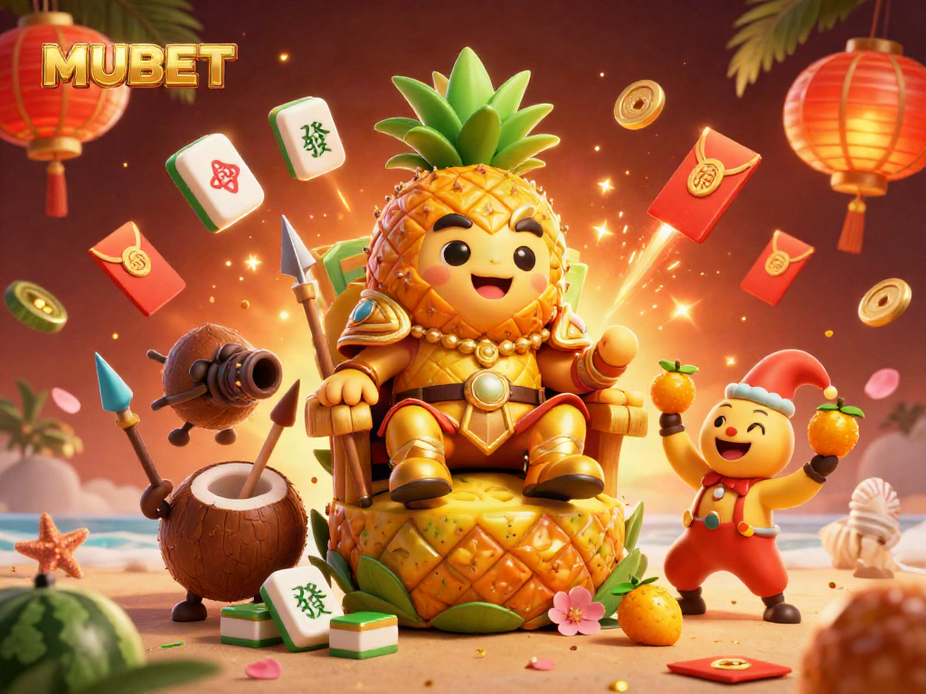 MUBET's vibrant 3D illustration features a golden pineapple king, tropical guards, and casino elements for an immersive gaming experience.