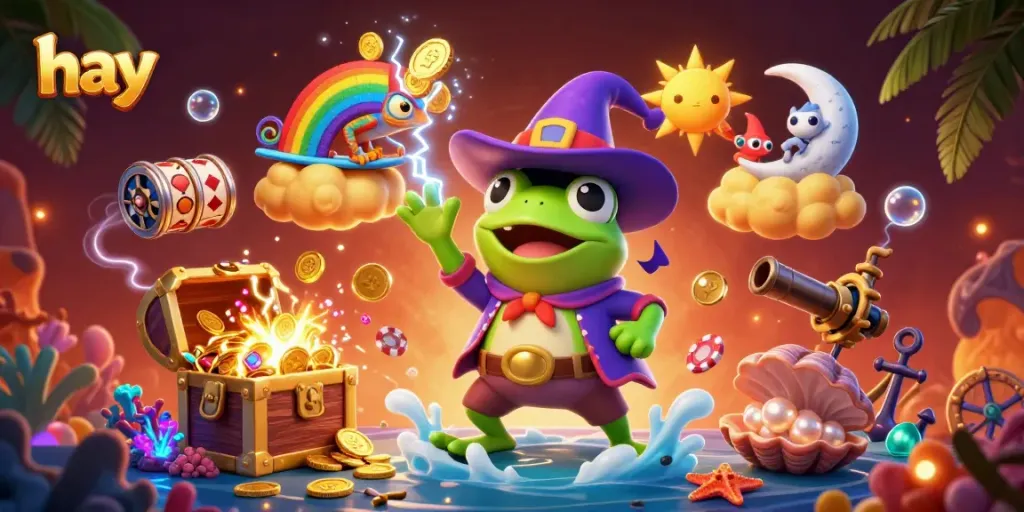 Spin your luck with hay-themed cartoon casino fun featuring wizards and treasures in a vibrant scene.