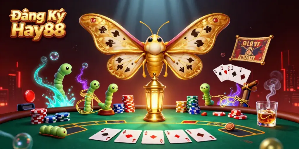 Experience the thrill of Đăng Ký Hay88 with vibrant 3D casino scenes featuring golden moths and poker elements.
