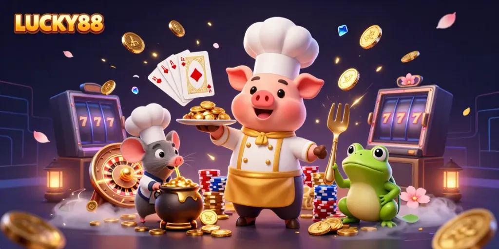 Experience the excitement of LUCKY88 with a vibrant 3D casino scene featuring engaging characters and dynamic casino elements.