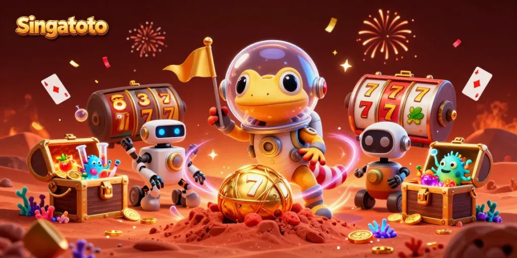Engage with singatoto's vibrant casino scene featuring a Martian gecko amidst gold treasures.