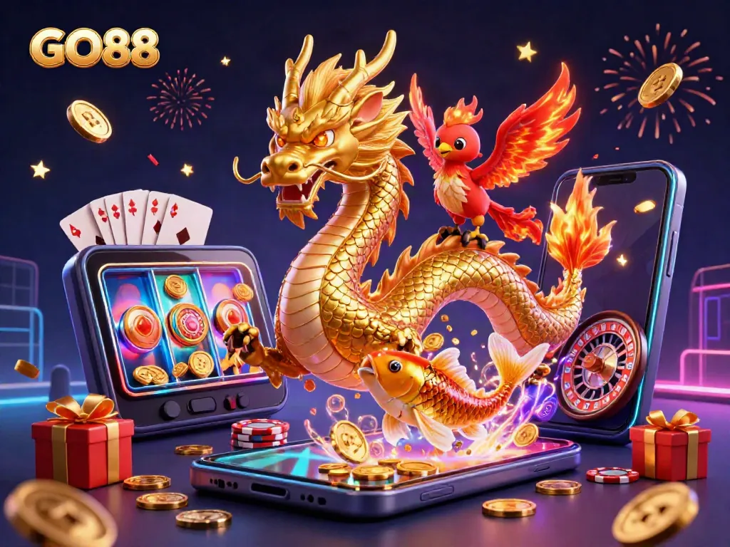 Experience thrilling gaming with GO88, featuring a golden dragon, phoenix, and coins in a vibrant scene.